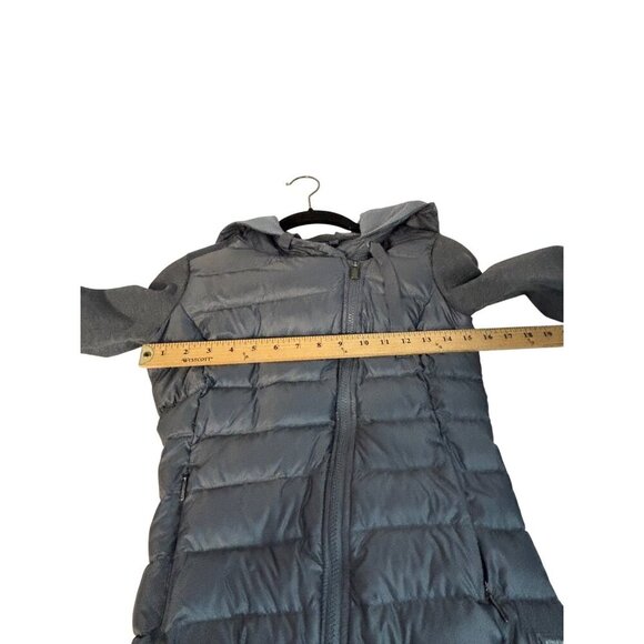 Athleta Womens XXS Gray Hooded Puffer Jacket Knit Sleeves & Asymmetrical Zipper - Picture 6 of 11